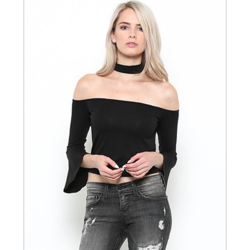 Off Shoulder 3/4 Sleeve Bell Top w Choker Neck - Picture 2 of 5